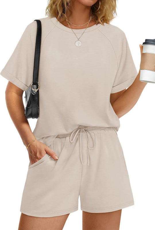 Damen lässiger Kombi aus T-Shirt und Shorts mit elastischem Bund R&B