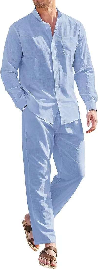 Herren lässiges Leinenanzugset mit offenem Kragen und seitlichen Taschen R&B