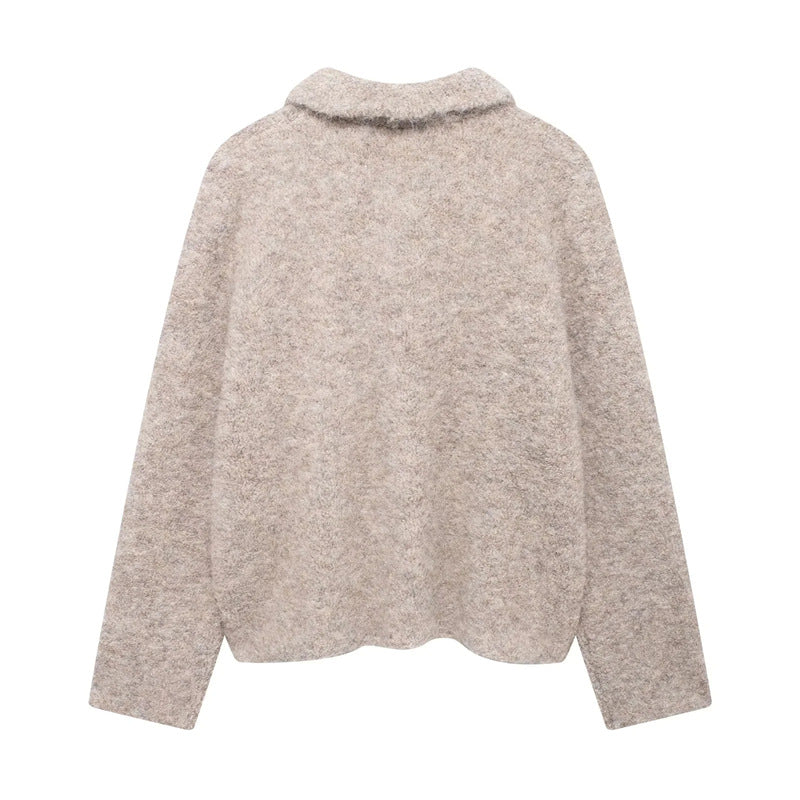 Damen flauschige Strickjacke mit dekorativen Blumenknöpfen R&B