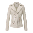 Damen modische Bikerjacke mit floralem Stickmuster