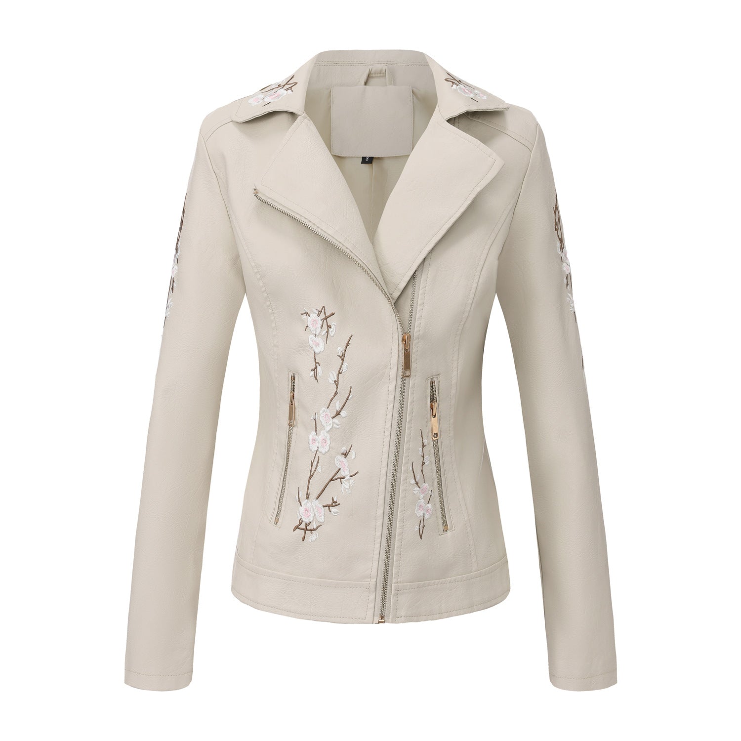 Damen modische Bikerjacke mit floralem Stickmuster