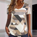 Damen V-Ausschnitt T-Shirt mit geometrischem Muster und weichem Material R&B
