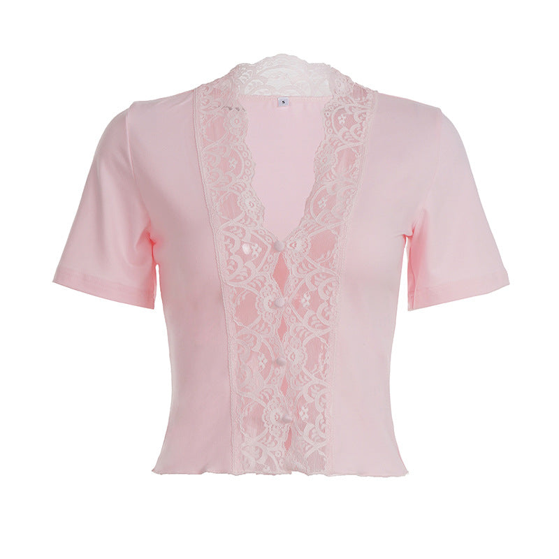 Damen elegantes Kurzarmoberteil mit zarten Spitzenakzenten R&B