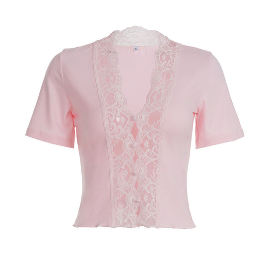 Damen elegantes Kurzarmoberteil mit zarten Spitzenakzenten R&B