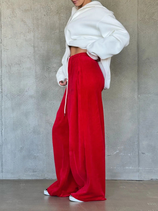 Damen weite Velours-Hose mit elastischem Bund und praktischen Seitentaschen R&B