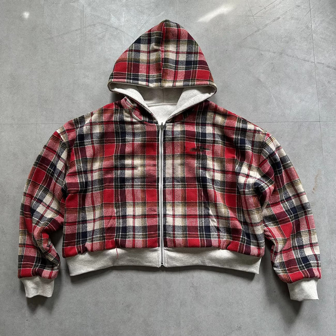 Unisex nan gefütterte Kapuzenjacke mit kariertem Flanellfutter und Reißverschluss R&B