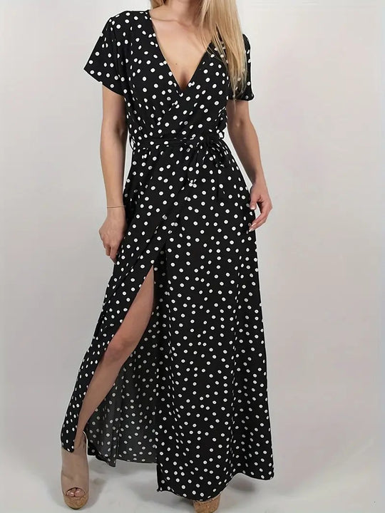 Damen Maxikleid mit Polka-Dots und verstellbarem Taillengürtel R&B