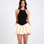 Damen Kurzarm Kleid mit voluminösem Rock und Halterneck R&B