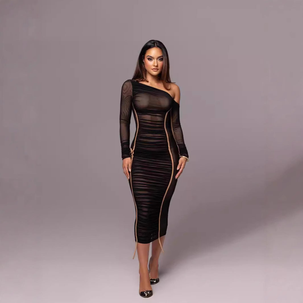 Damen Langarm-Midi-Kleid mit asymmetrischem Schnitt und romantischem Rüschendesign R&B