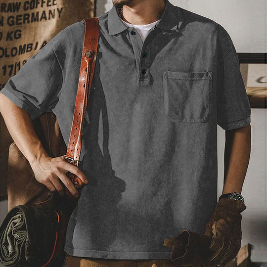 Herren nan locker geschnittenes Baumwoll-Poloshirt mit aufgesetzter Brusttasche und kurzer Knopfleiste R&B