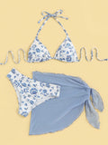 Damen Triangel-Bikini-Set mit romantischem Blumenmuster und eleganter Pareo R&B