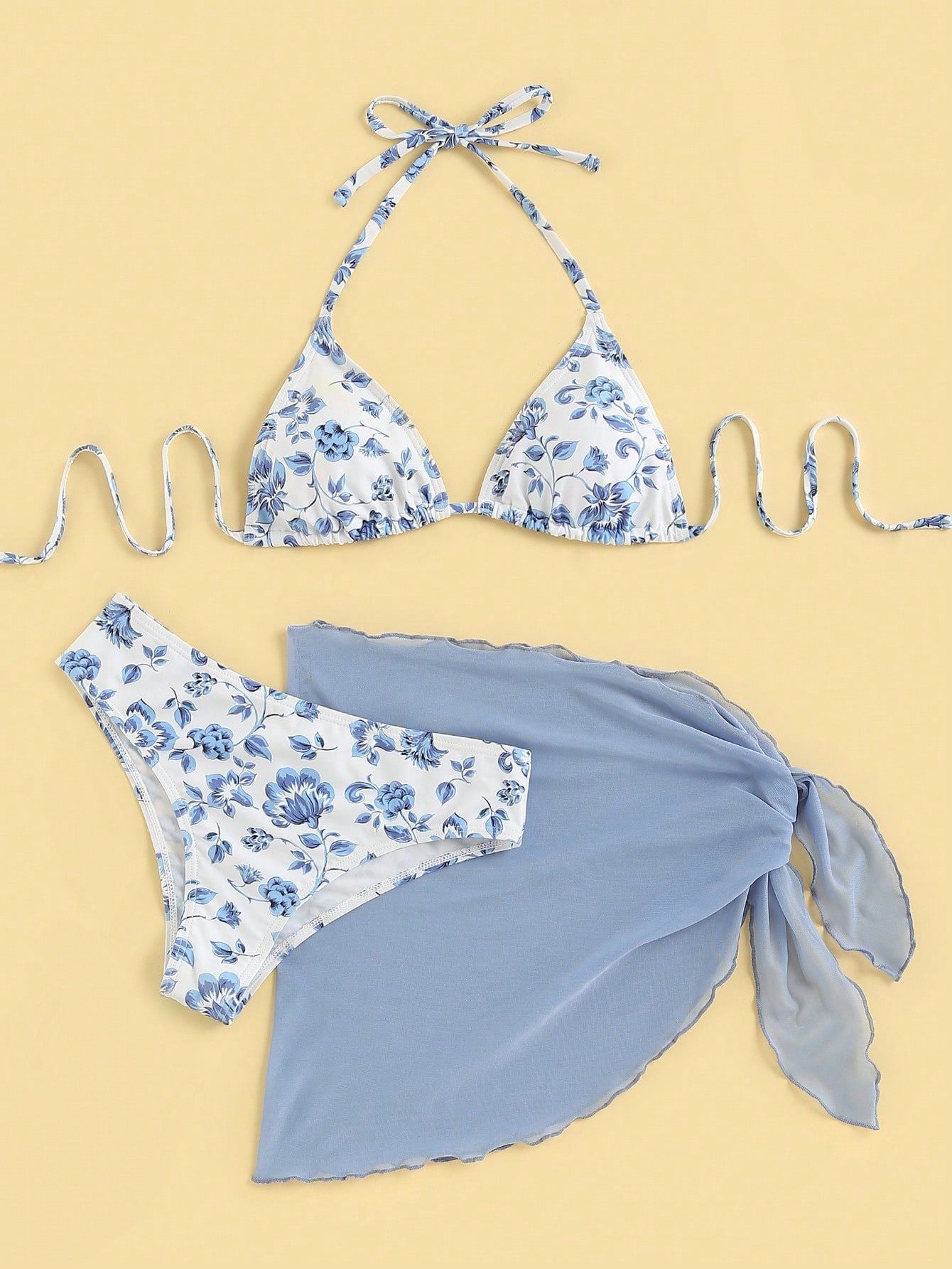 Damen Triangel-Bikini-Set mit romantischem Blumenmuster und eleganter Pareo R&B