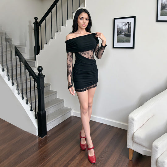 Damen schulterfreies Spitzenkleid mit Rüschendetails und figurbetontem Schnitt R&B