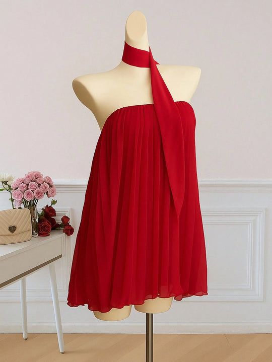 Damen kurzes Sommerkleid mit elegantem Bindegürtel und fließendem Design R&B