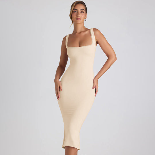 Damen figurbetontes Midikleid mit quadratischem Ausschnitt und Spitzenakzenten R&B