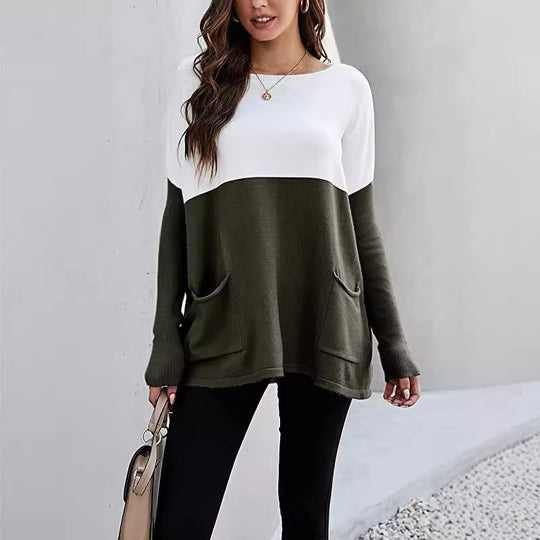Damen Strickpullover mit großen Fronttaschen und kontrastiertem Design R&B