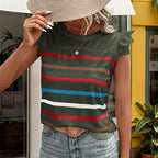 Damen T-Shirt mit Spitzenärmeln und gestreiftem Design R&B
