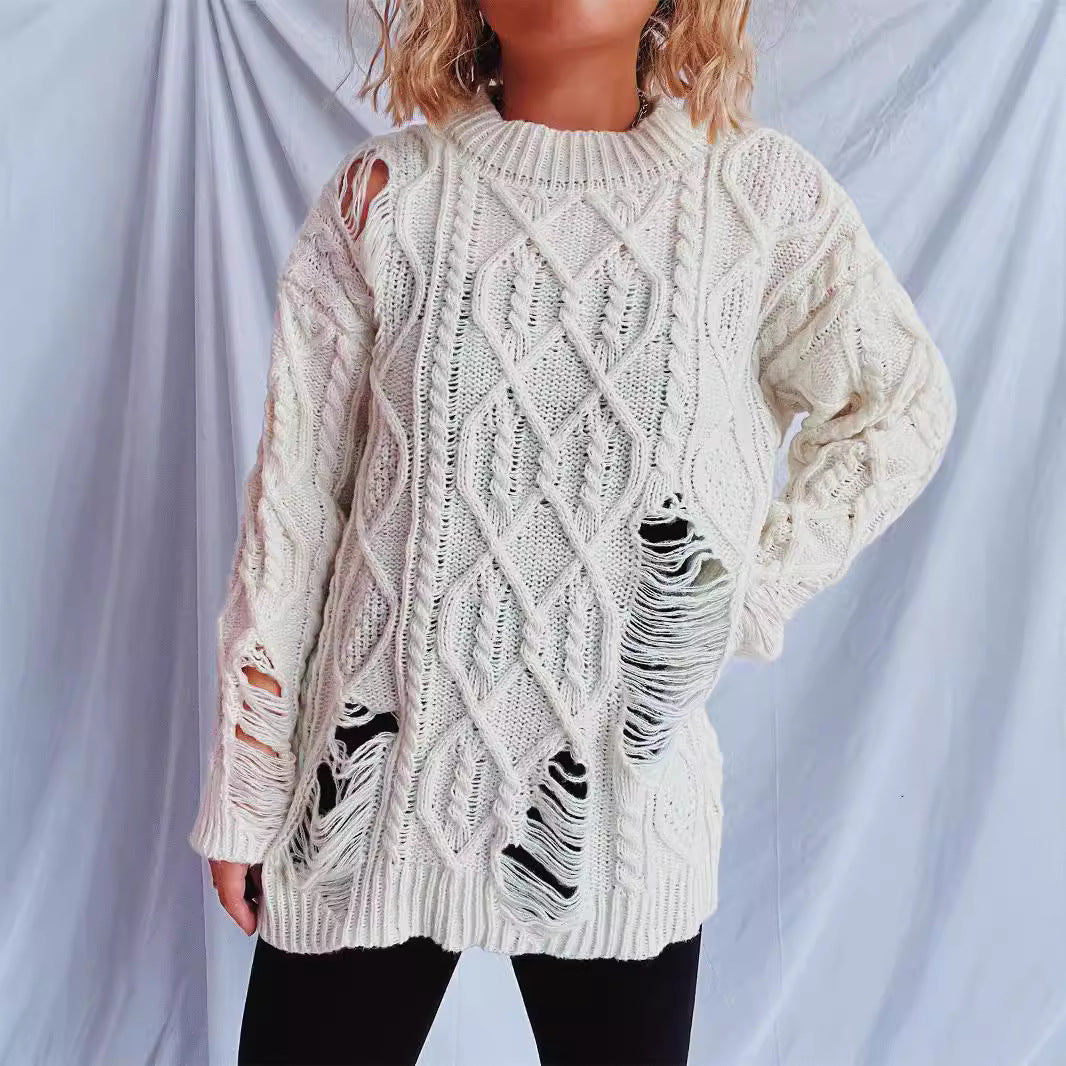 Damen Grobstrickpullover mit einzigartigem Zopfmuster und ausgefransten Details R&B