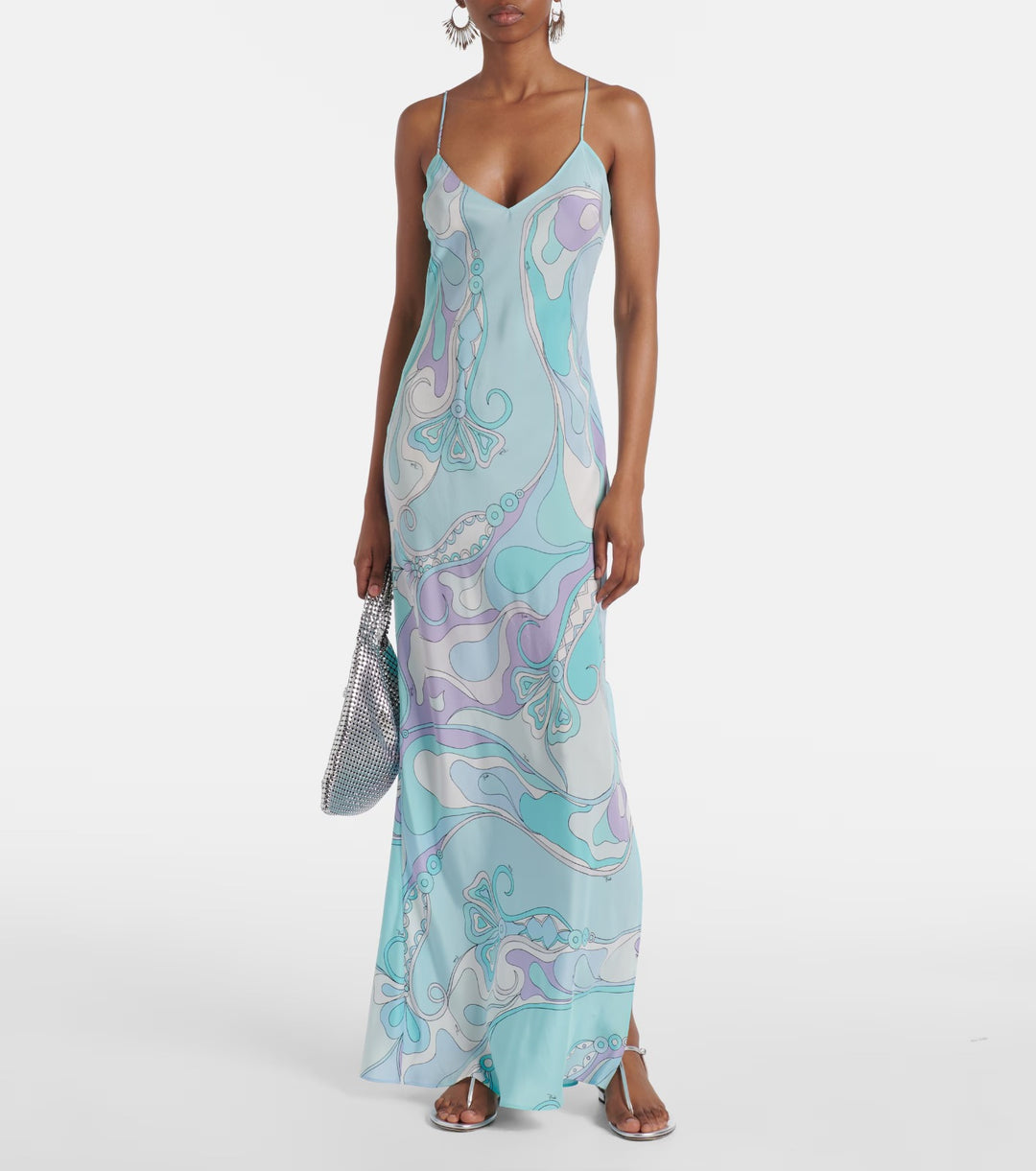 Damen nan elegantes Slip-Maxikleid mit V-Ausschnitt, filigranen Spaghettiträgern und retro-grafischem Allover-Print R&B