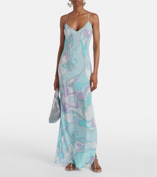 Damen nan elegantes Slip-Maxikleid mit V-Ausschnitt, filigranen Spaghettiträgern und retro-grafischem Allover-Print R&B