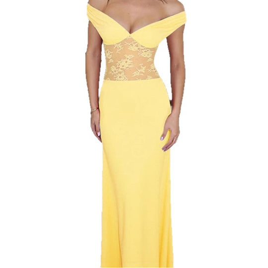 Damen Elegantes Off-Shoulder Maxikleid mit transparentem Spitzen-Oberteil und schmalem elastischem Saum R&B