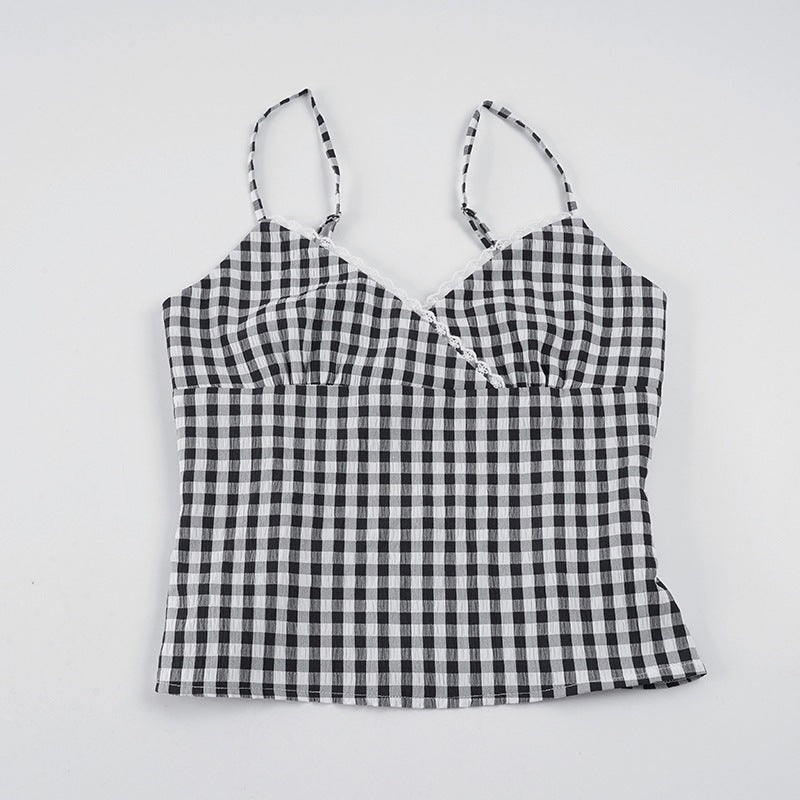 Damen V-Ausschnitt Vichy-Trägertop mit Spitzendetails R&B