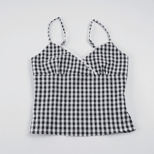 Damen V-Ausschnitt Vichy-Trägertop mit Spitzendetails R&B