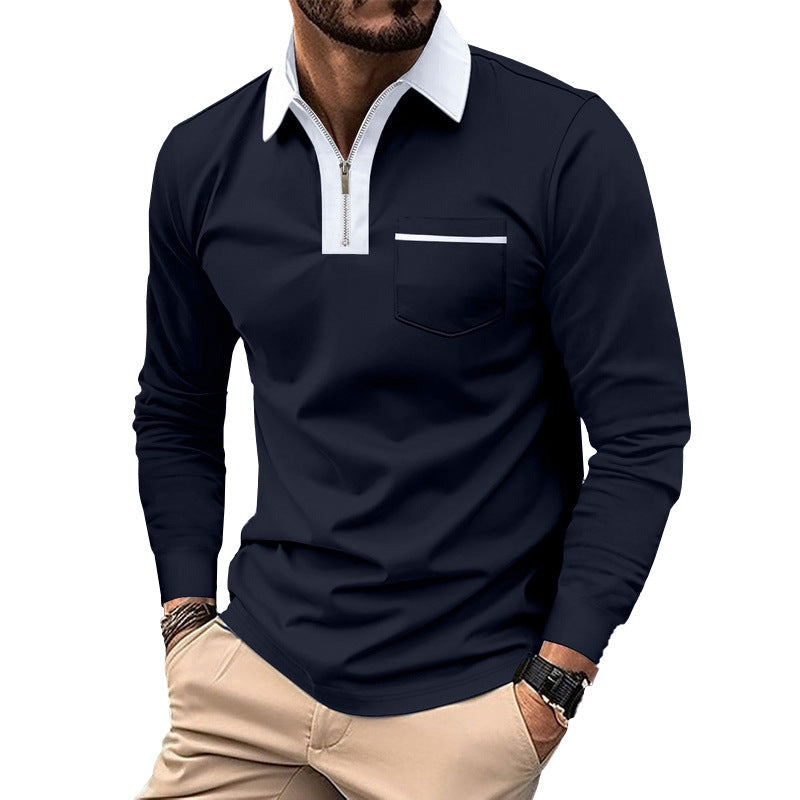 Herren Modisches Langarm-Polohemd mit Reißverschluss und Brusttasche R&B
