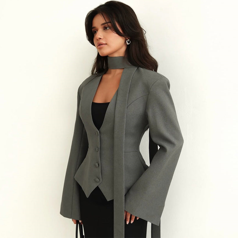 Damen taillierte Blazer-Top mit schmalem Kragen R&B