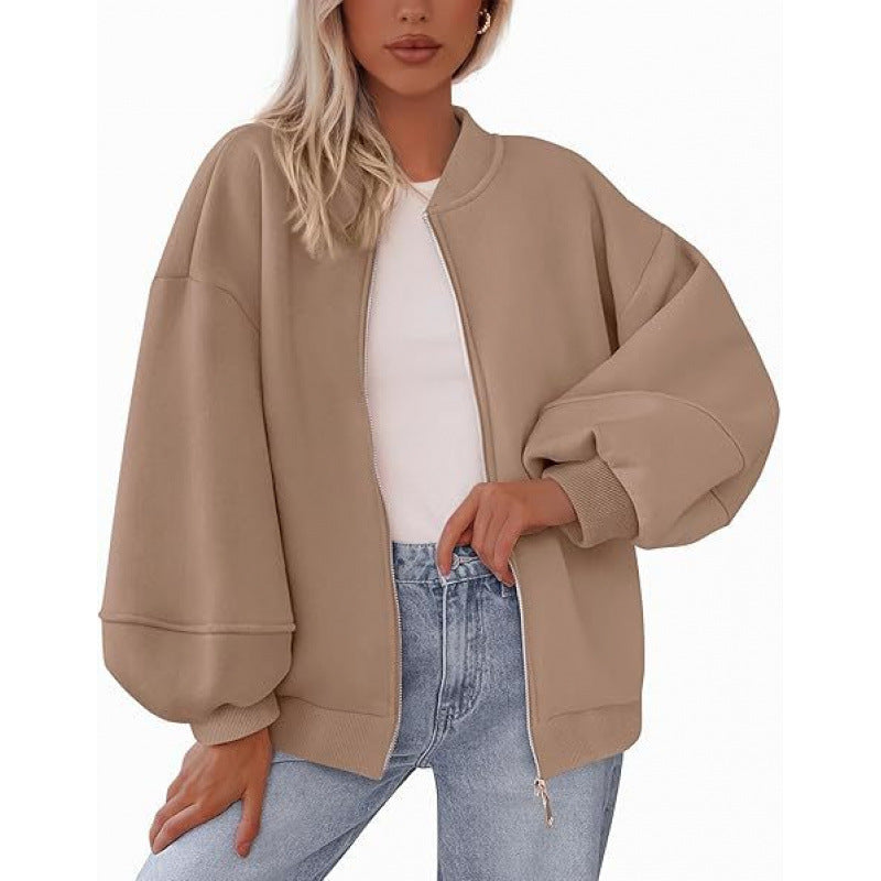 Damen lässige Oversized-Jacke mit Reißverschluss und ballonen Ärmeln R&B