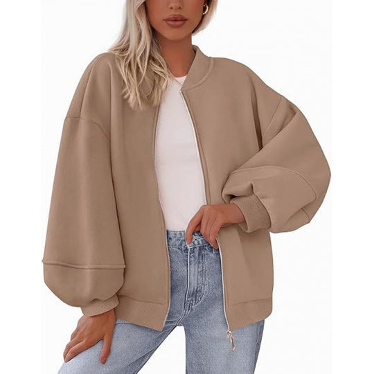 Damen lässige Oversized-Jacke mit Reißverschluss und ballonen Ärmeln R&B