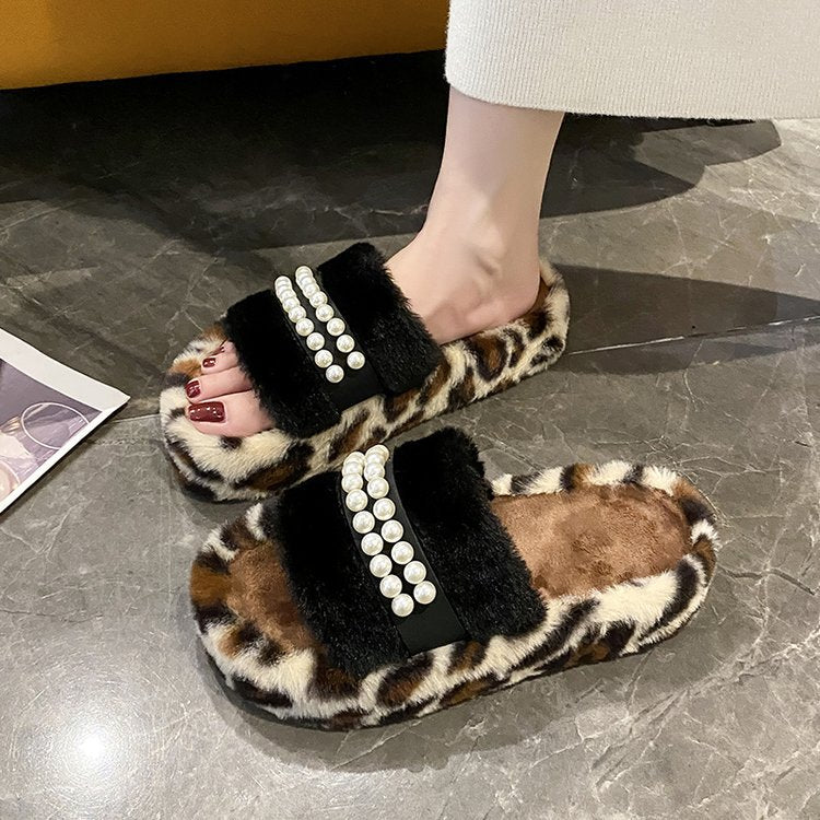 Damen Flauschige Pantoletten mit dekorativem Perlenschmuck R&B