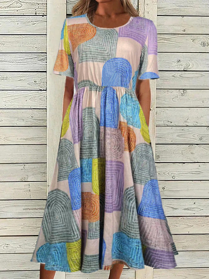 R&B | Rundhalsausschnitt Kurzarm Bohemian Print Kleid Frauen