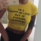 Damen Crop-Top mit kreativem Spruch und körperbetontem Schnitt R&B
