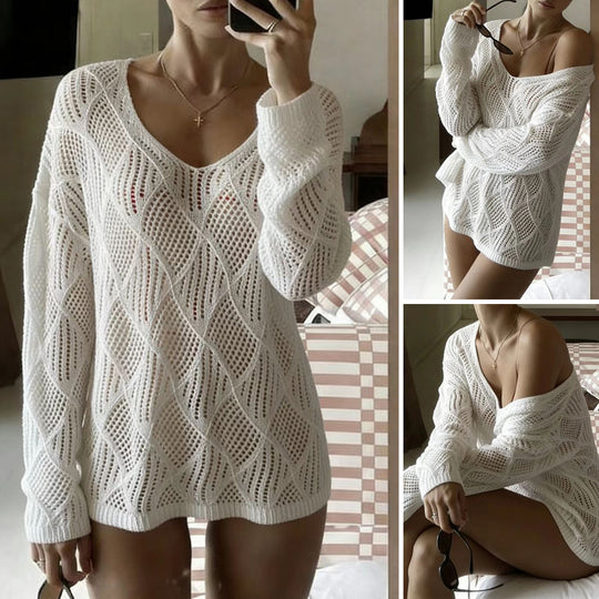 Damen legerer Netzpullover mit V-Ausschnitt und stylischen Details R&B