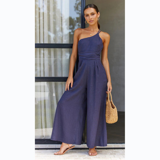 Damen Jumpsuit im modischen Wickeldesign mit weitem Bein und schulterfreiem Schnitt R&B