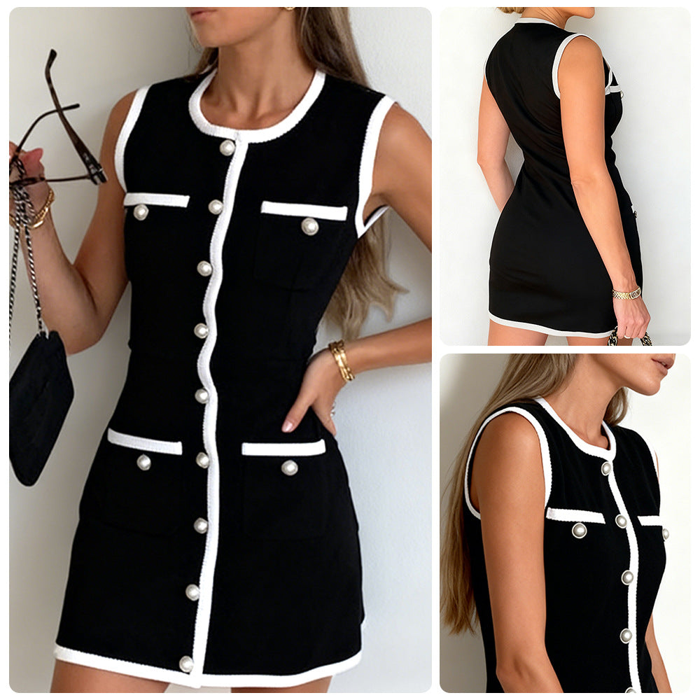 Damen figurbetontes Cocktailkleid mit kontrastierenden Taschen und eleganten Knöpfen R&B