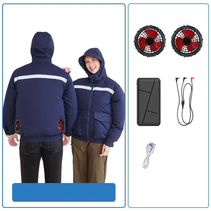 Unisex nan ventilated jacket for work and outdoor with integrated USB fans, battery compartment and hood R&B