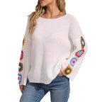 Damen gestreifter Strickpullover mit bunten Blumenapplikationen R&B