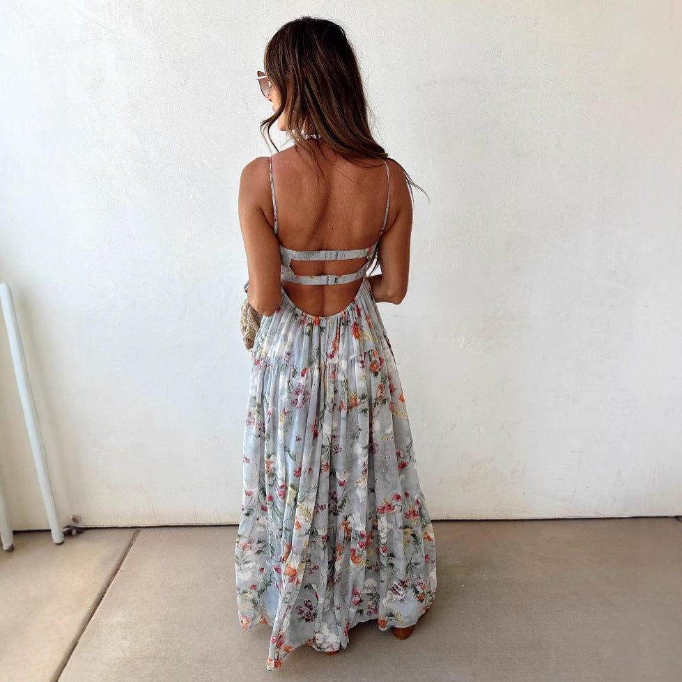 Damen nan trägerloses Korsagen-Maxikleid mit Herzausschnitt, gestuftem Volantrock und nostalgischem Toilemotiv R&B