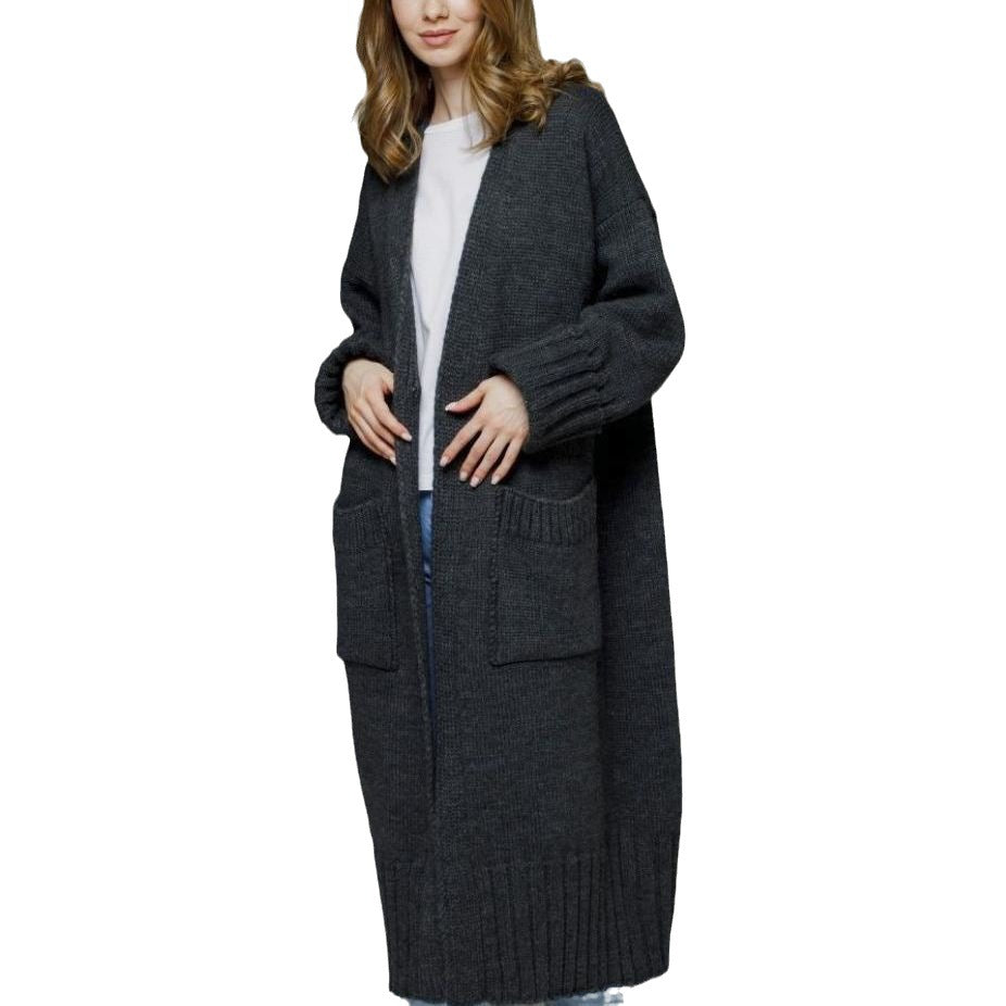 Damen bequemer langer Strickcardigan mit Taschen und breiten Ärmeln R&B