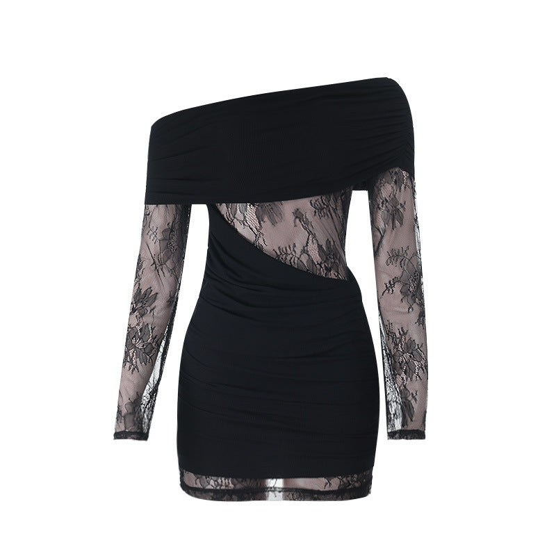 Damen schulterfreies Spitzenkleid mit Rüschendetails und figurbetontem Schnitt R&B