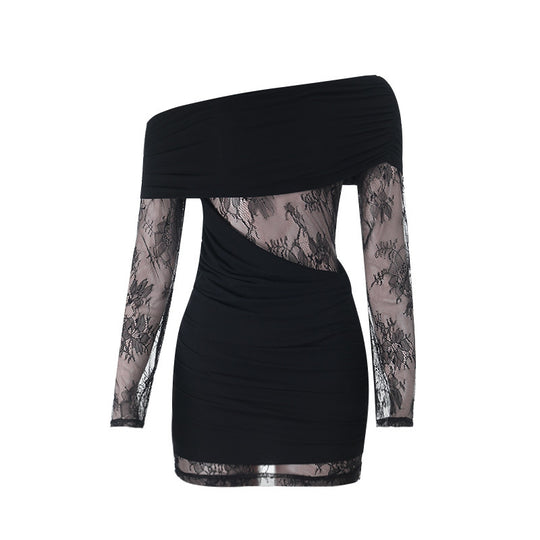 Damen schulterfreies Spitzenkleid mit Rüschendetails und figurbetontem Schnitt R&B