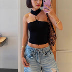 Damen Hochgeschlossenes Crop-Top mit dekorativem Ringdetail