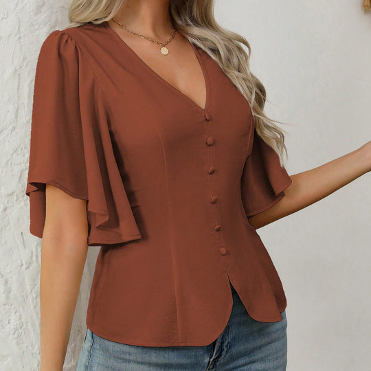 Damen elegante Bluse mit Glockenärmeln und Knopfdetail R&B