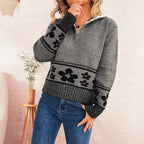 Damen Grobstrickpullover mit floralen Mustern und praktischen Halbarm R&B