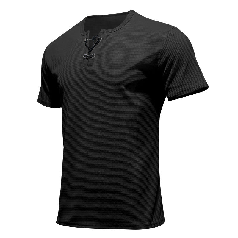 Herren nan Kurzarmshirt mit Schnürkragen, Metallösen und feinem Strukturjersey R&B