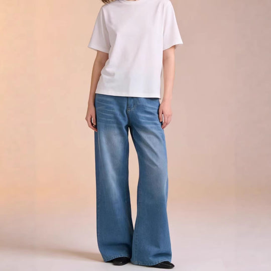 Damen weite Denim-Hose mit Vintage-Waschung und hoch geschnittenem Bund R&B