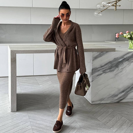 Damen elegantes Strick-Ensemble mit Wickeljacke und Bleistiftrock R&B