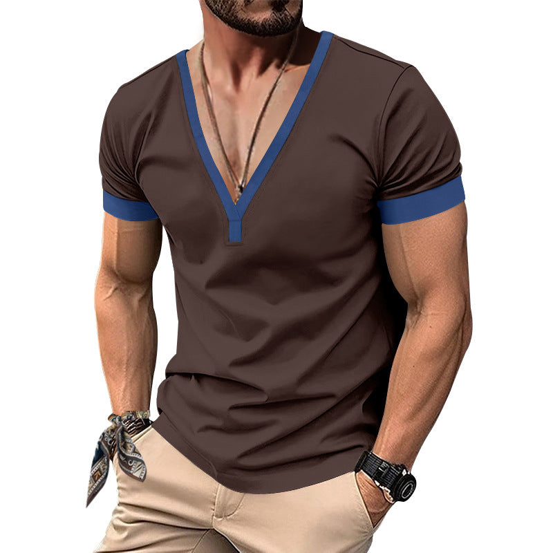 Herren V-Ausschnitt T-Shirt mit kontrastierenden Ärmeln und atmungsaktiver Baumwolle R&B